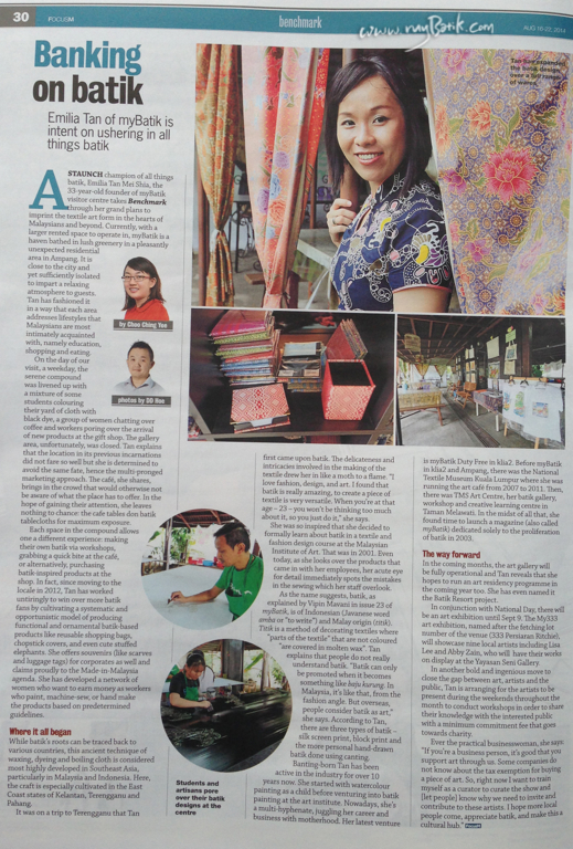 FOCUS Newspaper 15 August 2014, feature myBatik Founder, Emilia Tan