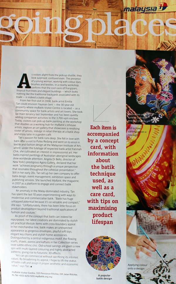 April 2013 Going Places Malaysia ( Malaysian Airline Magazine )  A New Spin on Batik by Emilia