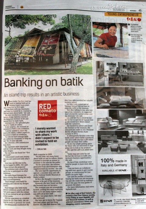 22 March 2014 The Star newspaper "Emilia Tan - Banking Batik"