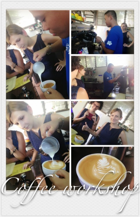 Learning how to create latte art pattern, milk frothing and steaming demo by barista